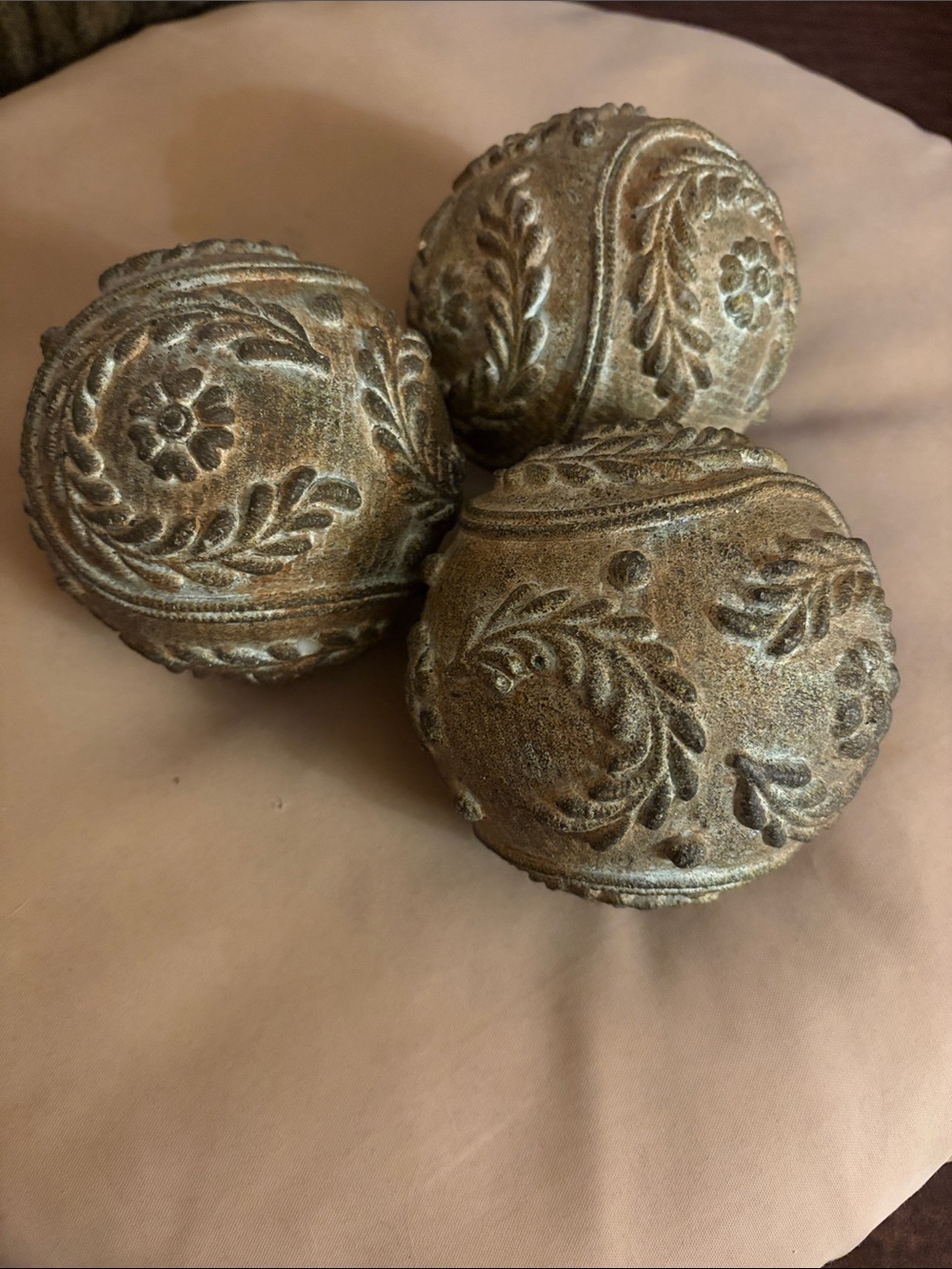 Ornate Decorative Spheres - Antique Gold Finish with brown accents.